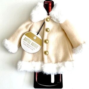 WINE FAUX FUR WHITE TRIM CREAM COAT GOLD BUTTONS HOLDS STANDARD BOTTLE NEW
